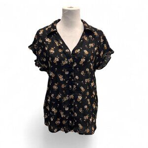 Pleione Floral Button Down Blouse Ruffle Cap Sleeve Black Orange Size Large